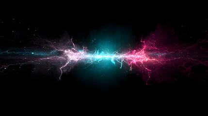 Fototapeta premium Clash of Elements: A mesmerizing abstract image featuring a vibrant clash of teal and pink energy, resembling a cosmic collision or elemental forces, set against a stark black background. 