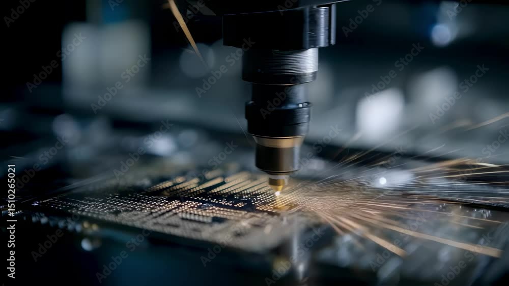 Poster automated laser precisely etches intricate design onto microchip, generating sparks and highlighting