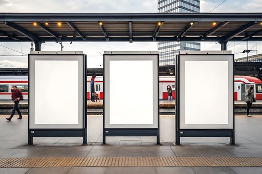 Three vertical empty billboards on train station platform. Urban advertising mockups for commercial posters, marketing designs, promotions, and business messages in public transport environment.