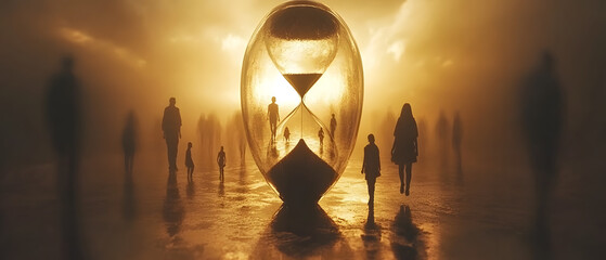 Hourglass Filled with Human Silhouettes Representing Different Life Stages in Soft Light