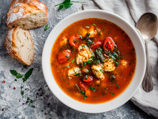 A bowl of Mediterranean fish soup with chunks of white fish, tomatoes, and herbs, placed on the left side of a light stone-gray background, top-down view with rustic bread on the side