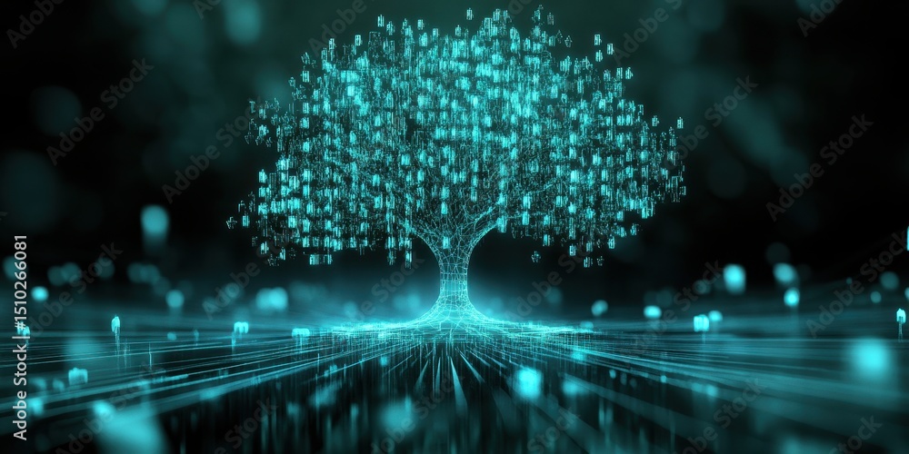 Poster digital tree: a captivating digital representation of a tree, illuminated with vibrant, interconnect