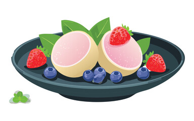 Mochi Ice Cream Balls and Fresh Berries - Vector Illustration