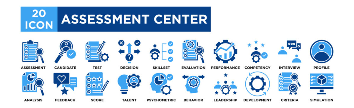 Assessment center icon collection set. Assessment, Candidate, Test, Decision, Skillset