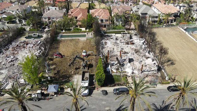 Aerial of ruins after the Pacific Palisades Fire
