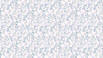 Delicate floral pattern with light blue flowers and green leaves on a white background design texture