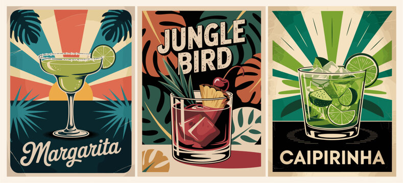Set of Cocktail retro posters. Classic Jungle Bird, Caipirinha, Margarita cocktails digital print. Popular alcohol drinks. Vintage vector illustration, bar, pub, restaurant, kitchen decor