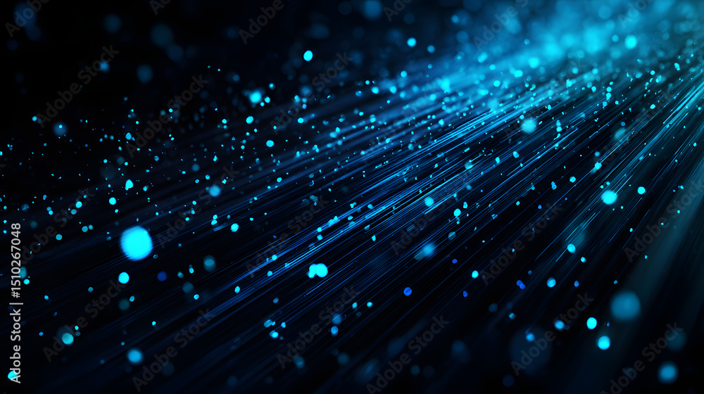 Poster digital stream: abstract digital stream of glowing blue particles and lines, flowing dynamically in 