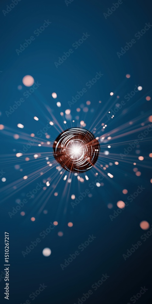 Poster a blue background with a red and black object in the center. the background is filled with small dot