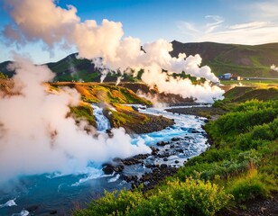 Geothermal power plant releases steam over a blue lagoon landscape