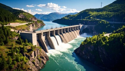 Large concrete hydroelectric dam releases powerful water for clean energy