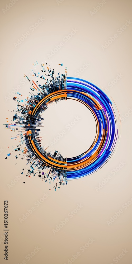 Poster abstract circular design with colorful lines and geometric shapes on beige background