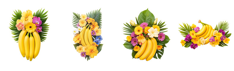 Fototapeta premium Collection of various bananas creatively integrated into a tropical flower arrangement isolated on white transparent background PNG set