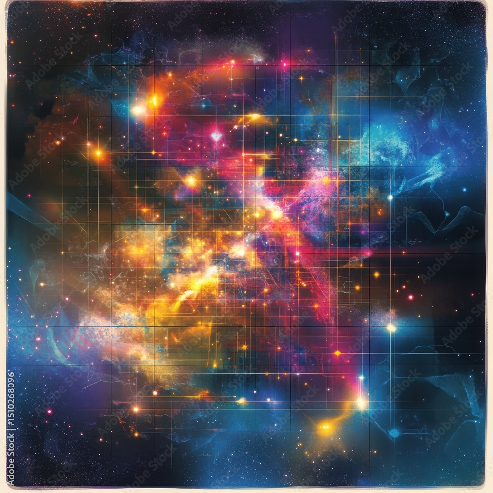 Poster abstract cosmic grid with nebulae stars and geometric patterns exploring the universe s mysteries