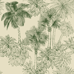 Seamless pattern with palm trees and tropical plants. Toile de Jouy style. Hand drawn vector illustration.