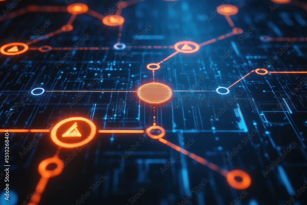 Poster global network connection: an abstract image depicting a futuristic digital network with glowing nod