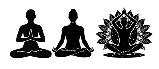 Silhouette illustration of three people meditating in lotus pose, symbolizing peace, mindfulness, and inner harmony