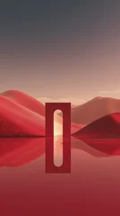 Fototapete  Title: abstract geometric light portal floating desert landscape sunset orange red gradient sky minimalist surreal doorway frame mountains silhouette digital art concept futuristic  © Vilius