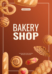 A design template for a bakery flyer. Various types of delicate pastries. The concept of confectionery, cooking, baking. A4 vector illustration for posters, banners