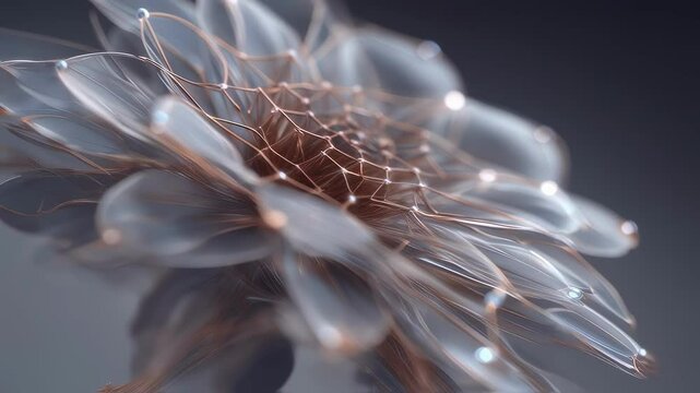 Close up view of an artificial flower with translucent petals and metallic veins, highlighting the engineering and mechanical properties of shape memory alloy
