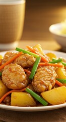Delicious Chicken and Potato Stir fry with Carrots and Green Onions Asian Cuisine Food Dish Recipe