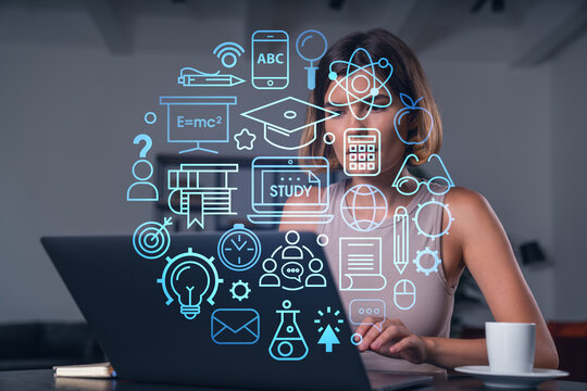 Thoughtful businesswoman in casual wear typing on laptop at office workplace with coffee cup. Concept of distant work, business education, internet surfing, information technology. Education hologram - Powered by Adobe