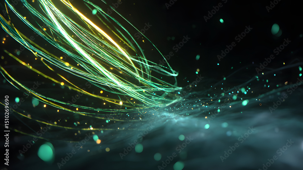 Poster abstract data flow: dynamic lines of light weave and dance across a dark canvas, evoking a sense of 