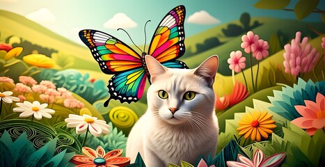 Korat cat with a colorful butterfly and the fresh garden in quilling paper style.