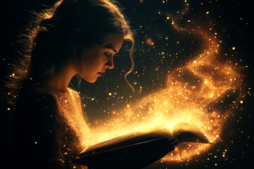 Silhouette of a storyteller holding an open book with magic flowing