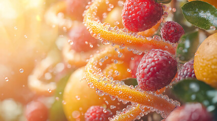 Conceptual image of fresh fruits intertwined with a DNA helix, representing genetic