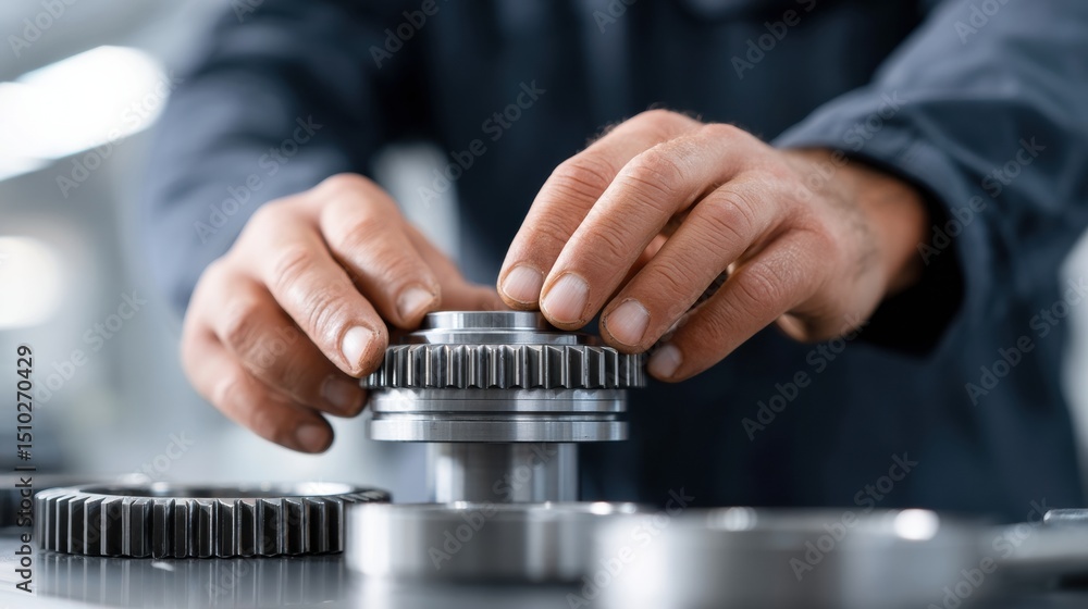 Poster close-up of a worker's hands assembling metal gears in an industrial setting, emphasizing precision 