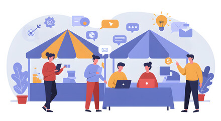 Team of People Working at Outdoor Market Stalls with Digital Devices and Communication Icons