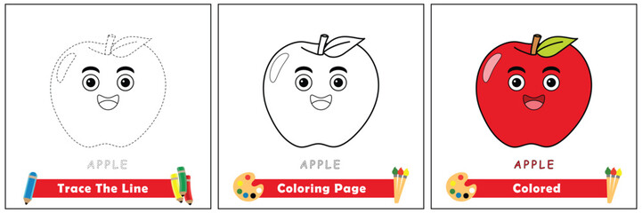 trace and color for kids, coloring book for kids, apple kawaii vector.