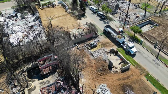 Aerial of ruined residentials after the Pacific Palisades Fire