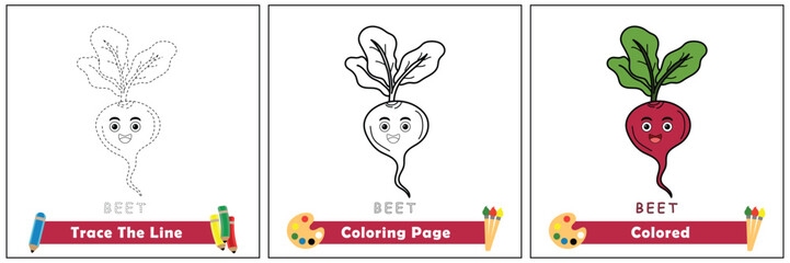 trace and color for kids, coloring book for kids, beet kawaii vector.