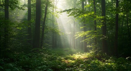 Obraz premium Sunlight Breaking Through Dense Green Forest Canopy – Nature Light Burst