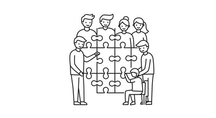 People Assembling Puzzle Pieces with Children and Adults in Minimalist Line Art