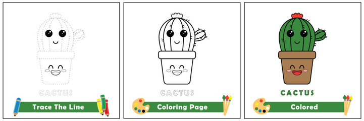 trace and color for kids, coloring book for kids, cactus kawaii vector.