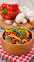 Delicious mushroom and bell pepper salad in a wooden bowl, garnished with fresh dill.
