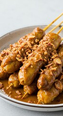 Delicious Indonesian Satay Skewers in Rich Peanut Sauce, Garnished with Crispy Fried Onions