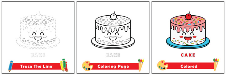 trace and color for kids, coloring book for kids, cake kawaii vector.