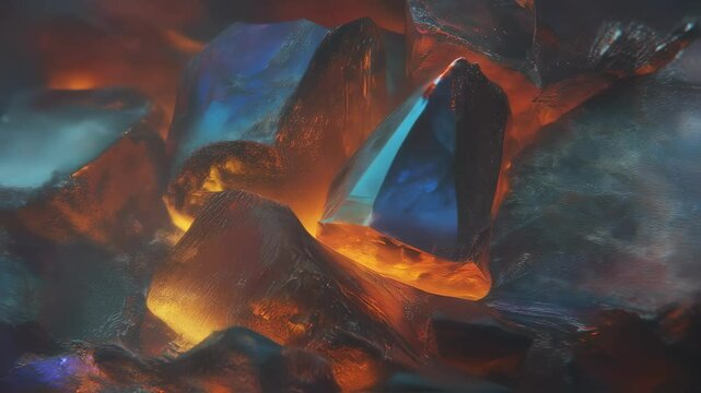 Close up revealing cerium doped perovskite crystals glowing orange, demonstrating intricate scintillation process with vibrant luminescent properties under specialized scientific observation