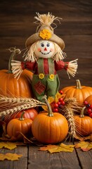 Adorable Scarecrow with Pumpkins and Autumn Harvest Decor: Thanksgiving Rustic Still Life Photography