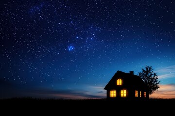 Serene Sky Home: A tranquil silhouette of a home stands under a breathtaking starry night, a beacon of warmth against the vast cosmic expanse.