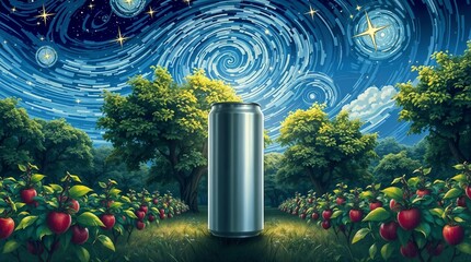 Fruit drink can in a cosmic garden with vibrant apples and healthy nutrition theme