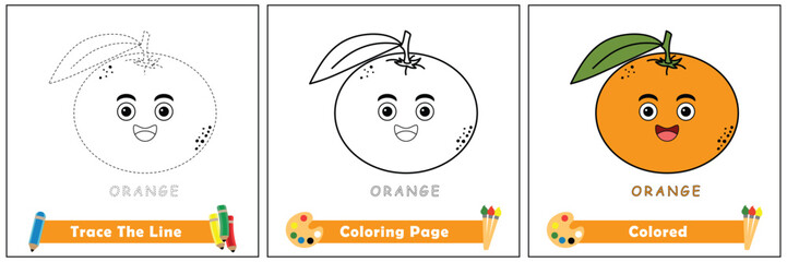 trace and color for kids, coloring book for kids, orange kawaii vector.