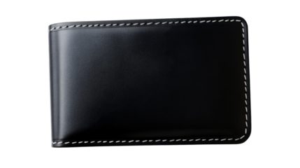 Simple black leather wallet with white stitching, cut out transparent