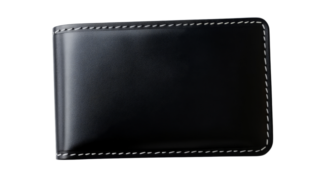 Simple black leather wallet with white stitching, cut out transparent