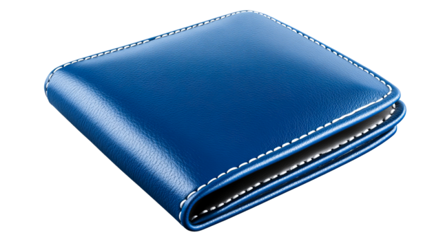 Vibrant Blue Leather Wallet, Stitching Detail, Close Up, cut out transparent