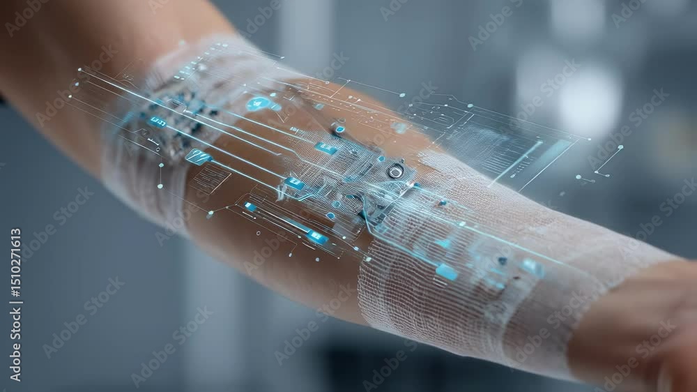 Poster advanced medical technology uses a smart bandage with embedded sensors to monitor wound healing and 